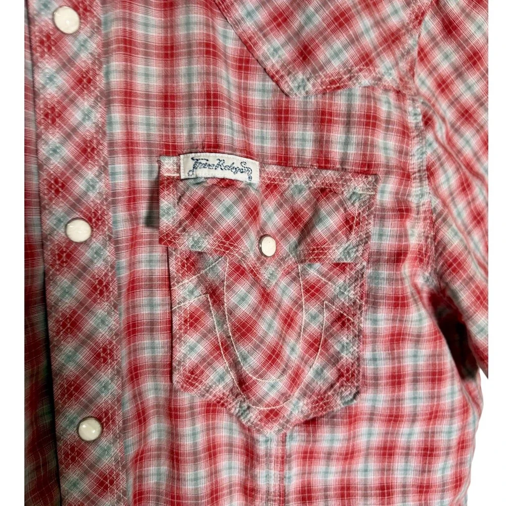 True Religion Men's Rocky‎ Short Sleeve Pearl Snap Plaid Western Shirt Red XL
